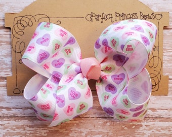 Med. 4 inch Valentine's Day Pastel Conversation Hearts Grosgrain Ribbon Hair Bow