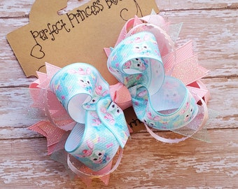 Sweet Springtime Pink and Blue Pastels Easter Bunnies Layered Boutique Hair Bow