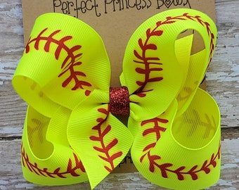 Bright Yellow with Red Softball Stitch Print Medium 4 inch Grosgrain Ribbon Hair Bow