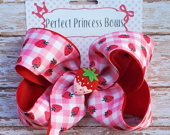 Red and Pink Strawberry Print Medium 4 inch Grosgrain Ribbon Hair Bow