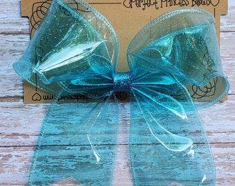 Large Waterproof Pool Bow - Turquoise Blue Jelly Hair Bow for Swimming - Cheer Style Hairbow with Tails