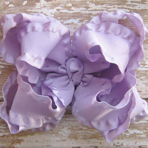 Large Double Layer Satin Edge Taffeta Double Ruffle Hair Bow in Light Orchid Lavender