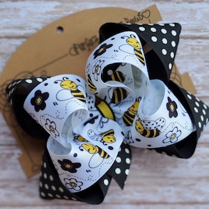 Double Layer Bumblebees Yellow, Black and White Grosgrain Ribbon Boutique Hair Bow