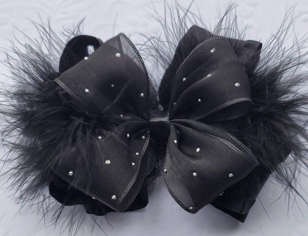 Large Layered Black Organza and Satin Double Ruffle Ribbon Hair Bow ...