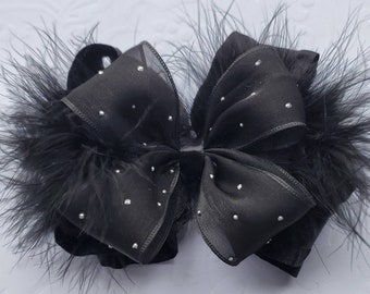 Large Layered Black Organza and Satin Double Ruffle Ribbon Hair Bow with Black Marabou Feathers