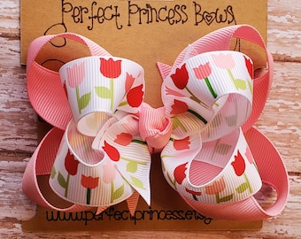 Small 3.5 inch Sweet Spring Tulips Double Layered Grosgrain Hair Bow