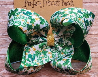 Large 5 inch Happy St. Patrick's Day Emerald Green, Gold, and White Boutique Style Grosgrain and Satin Hair Bow