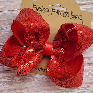 Medium 4 inch Red Sequin Ribbon Hair Bow Formal Wear Hairbow Clip