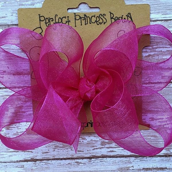 Medium 4 inch Double Layer Loopy Style Organza Hair Bow in Bright Fuchsia Pink