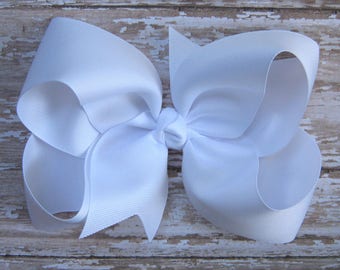 Large 6 inch Size Grosgrain Hair Bow in Solid White Big Girls Boutique Style Hairbow School Uniform