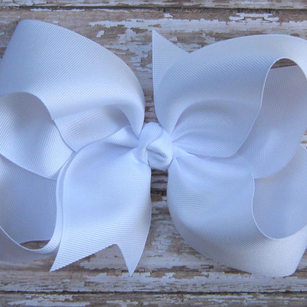 Large 6 inch Size Grosgrain Hair Bow in Solid White Big Girls Boutique Style Hairbow School Uniform