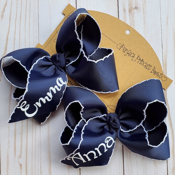 Custom Name Monogrammed Navy Blue and White Moon Stitched Large 6 inch Grosgrain Hair Bow