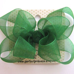 Medium 4 inch Double Layer Loopy Style Organza Hair Bow in Emerald Green