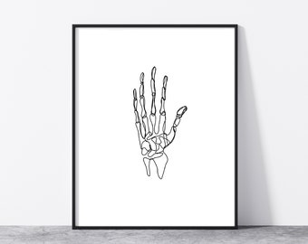 Anatomical Hand Line Drawing Art Print Anatomy Bones Minimalist Continuous Line Drawn Hand Fine Art Print Wall Decor Modern Contemporary