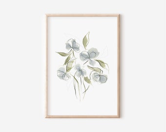 Watercolor Flower Art Print Baby Girl Nursery Blue Neutral Floral Painting Wall Decor