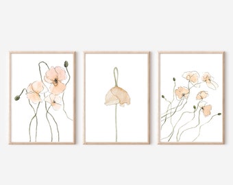 Aquarelle Print Set Flower Poppies Aquarelle Print Bundle Fleurs Filles Nursery Decor Aquarelle Poppy Abstrait Floral Peinture Print