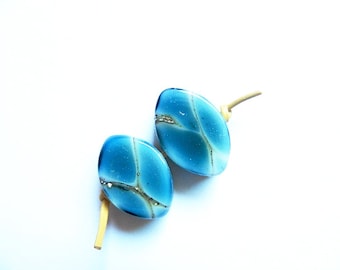 Made to Order MARBLED AQUAMARINE   2 aquamarine blue and silvered ivory white heart zulus earring pair  A Beaded Gift