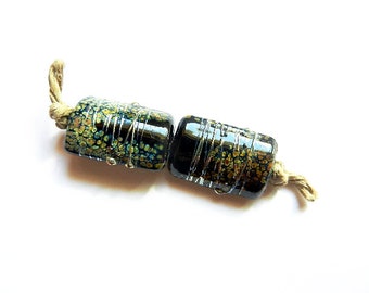 Made to Order RAKU DUSTED JET    2 black, raku frit and metallic lustre kalera pair   A Beaded Gift