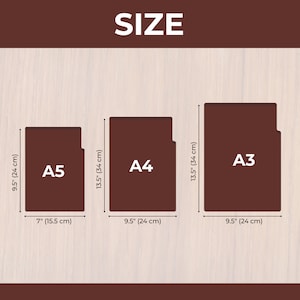 May include: Diagram showing the different sizes of paper, A3, A4, and A5, with measurements in inches and centimeters. The paper is brown.