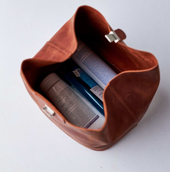 Waschtasche Kosmetiktasche Leder Braun Kulturtasche 