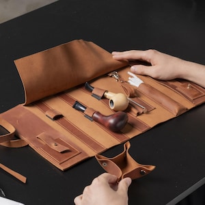 Custom leather pipe roll, Personalized pipe roll, Tobacco pipes case, Travel pipe roll, Leather pipes holder, Engraved pipes roll