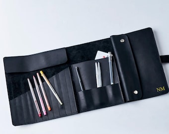 Estuche enrollable de cuero, Estuche grabado, Porta pinceles de cuero, Estuche personalizado, Organizador de lápices, Almacenamiento de lápices