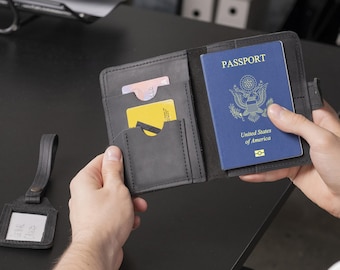 Porta pasaporte de cuero personalizado, Cartera de cuero para pasaporte, Porta pasaporte y etiqueta de equipaje, Cartera para pasaporte grabada, Etiqueta de equipaje personalizada