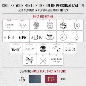 May include: A chart showing 20 different font and design options for personalization. The options include text, initials, and logos. The chart also includes a section for stamping with options for no color, blue, red, and gold.