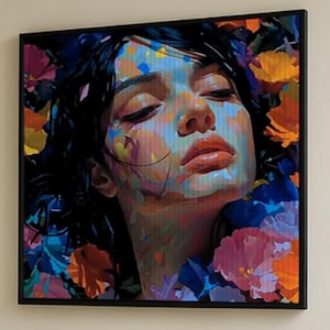 Arte de pared floral lenticular de mujer • Impresión pop art 3D grande para decoración de dormitorio moderno
