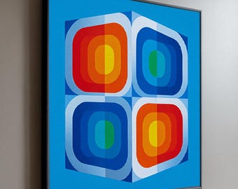 Arte óptica lenticular – “Órbita Cromática” Arte de parede com ilusão óptica geométrica, cubo retrô com mudança de cor, decoração de luxo para casa de meados do século XX