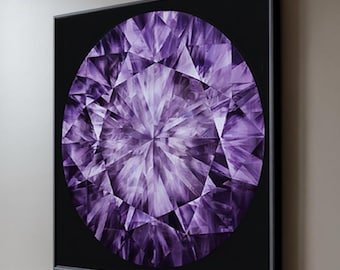 May include: A framed print depicting a large, detailed purple gemstone. The gem is set against a black background, within a black frame. The artwork is mounted on a neutral-toned wall.