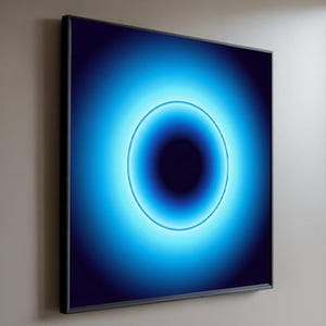 Può includere: Opera d'arte da parete quadrata incorniciata con un design astratto blu e nero. L'opera presenta una forma circolare blu brillante con un centro scuro, creando un effetto luminoso. L'opera è montata su una parete di colore neutro.
