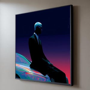 May include: A framed digital art print depicting a person in a black suit, leaning on a car. The artwork has a gradient background of red, blue, and purple hues. The person has a white head and is in silhouette.
