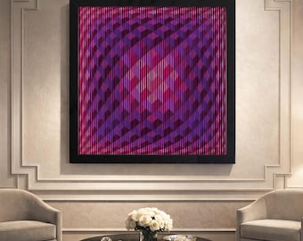 Arte murale lenticolare: illusione ottica geometrica viola e oro, decorazione astratta di lusso in stile Agamograph 3D, arte murale cinetica op art
