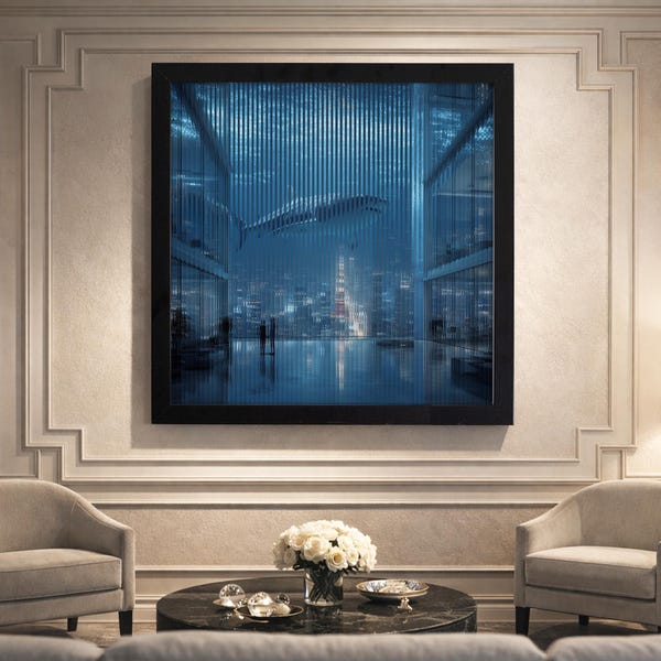 Lenticular Surreal Wall Art – Shark Over  “Skyline Abyss” City, 3D Optical Illusion, Futuristic Aquatic Cityscape, Modern Statement Decor
