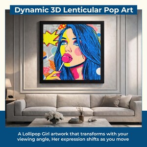 Lenticular Pop Art Lollipop Wall Art, 3D Lollipop Girl Wall Art, Colorful Modern Retro Comic Home Decor, Gift for Her, Valentine Wall Art image 2