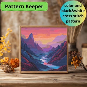 Fantasie Berg Sonnenuntergang Kreuzstichmuster | Mystische Landschaft Stickdatei PDF | Farbenfrohe Tal Handarbeit Vorlage