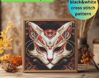 Patrón de punto de cruz de máscara Kitsune / Bordado de zorro japonés en PDF / Descarga instantánea / Costura DIY