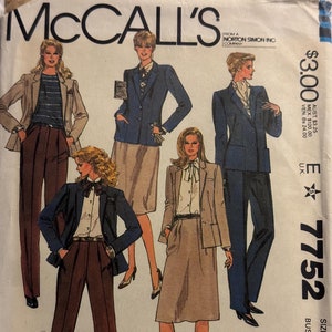 May include: McCall's sewing pattern featuring illustrations of women's suits and separates. The pattern includes a blazer, skirt, and pants. The text "JONES NEW YORK" is visible. The pattern number is 7752, and the bust size is 34 inches.