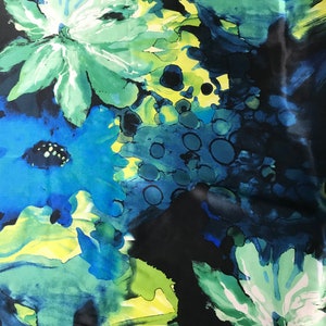 Big Blue & Green Floral - Silk Charmeuse Fabric