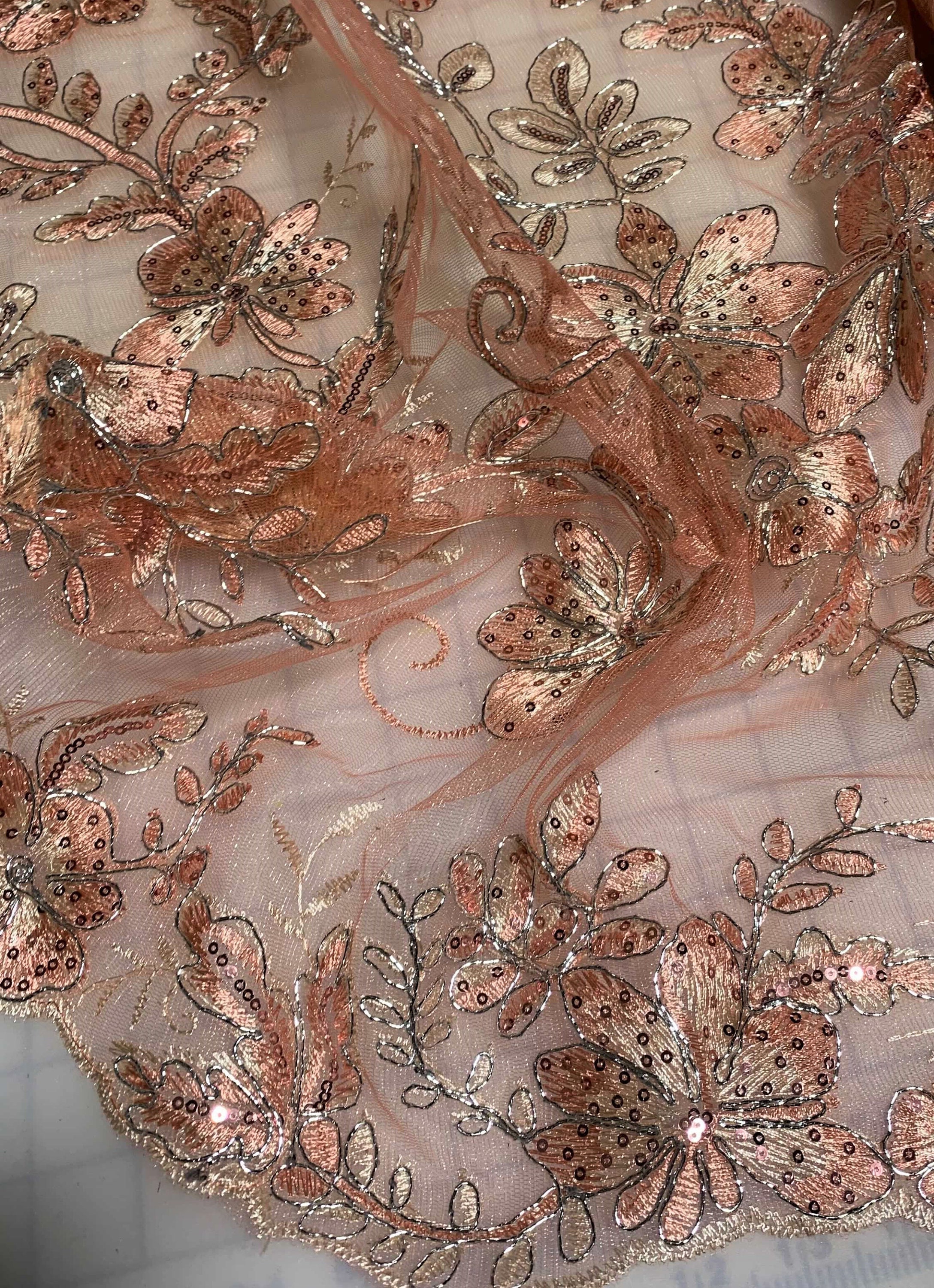 Rose Gold Floral Sequin Embroidered Tulle Lace Fabric | Etsy