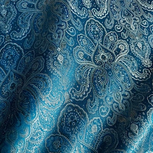33&quot;x56&quot; remnant sale Turquoise Blue & Silver Damask Paisley - Faux Silk Brocade Jacquard Fabric