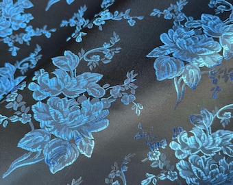 Schwarz & Blau Rosen Floral - Faux Seide Brokat Jacquard Stoff