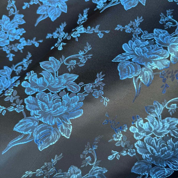 Zwart-blauwe rozen bloemen - jacquard imitatiezijdebrokaat