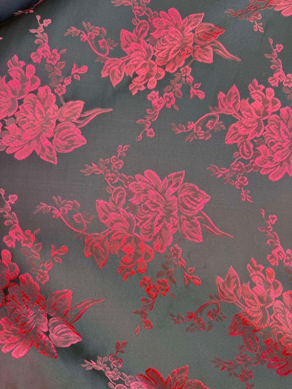 scarlet brocade fabric - Black & Scarlet Red Roses Floral - Faux Silk Brocade Jacquard Fabric