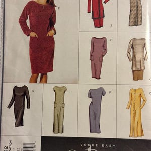 May include: A sewing pattern for a dress with ten different style options. The pattern includes a long-sleeved dress with pockets, a short-sleeved dress with pockets, a dress with a button-up front, and a dress with a V-neck. The pattern is for sizes 8-10-12.
