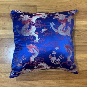 Silky Brocade Pillow Cover - Blue & Gold DRAGONS - Handmade