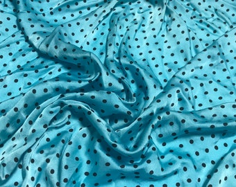 Hand Dyed Silk CHARMEUSE Fabric Aqua & Black Small Polka Dots