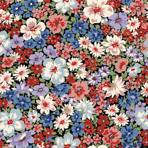 Spring Flowers - Black with Periwinkle Lavender & Red Floral - Cosmo Japan Cotton Oxford Fabric