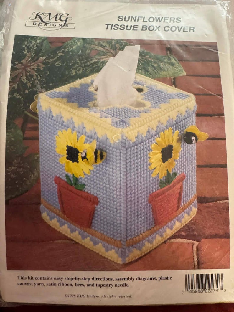 Sunflower Text Box Box KMG Designs. Vintage Sunflower Tissue Box. Sealed Kit From 1998 Canvas ...
